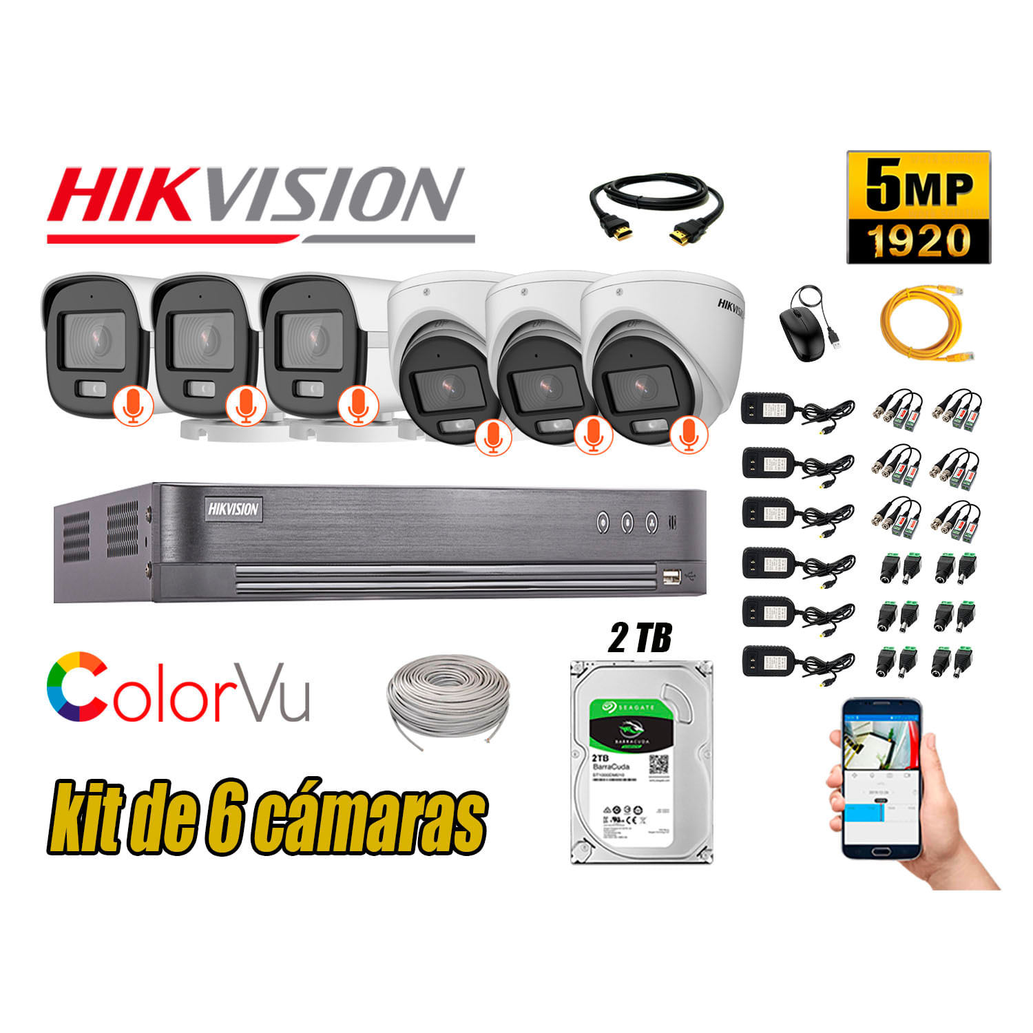CÁMARAS SEGURIDAD HIKVISION KIT 6 5MP + DISCO 2TB COLORVU VISION COLOR