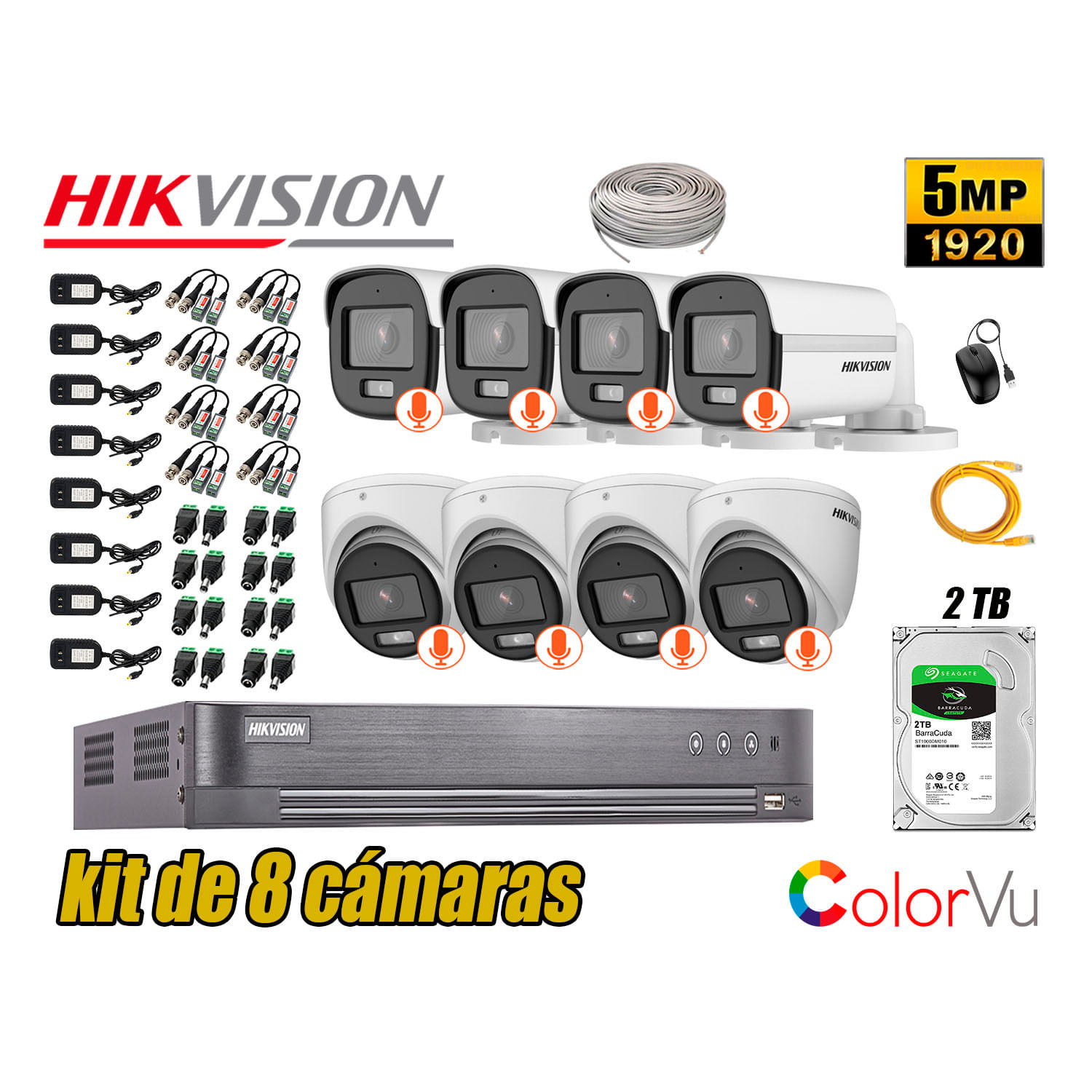 CÁMARAS SEGURIDAD HIKVISION KIT 8 5MP + DISCO 2TB COLORVU VISION COLOR