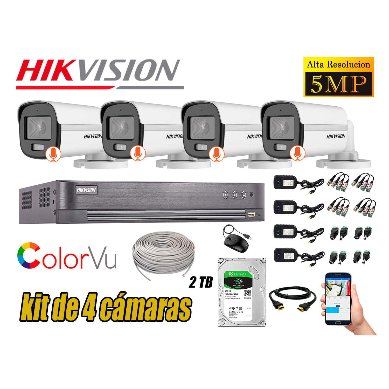 CÁMARAS SEGURIDAD EXTERIOR KIT 4 HIKVISION 5MP + DISCO 2TB COLORVU
