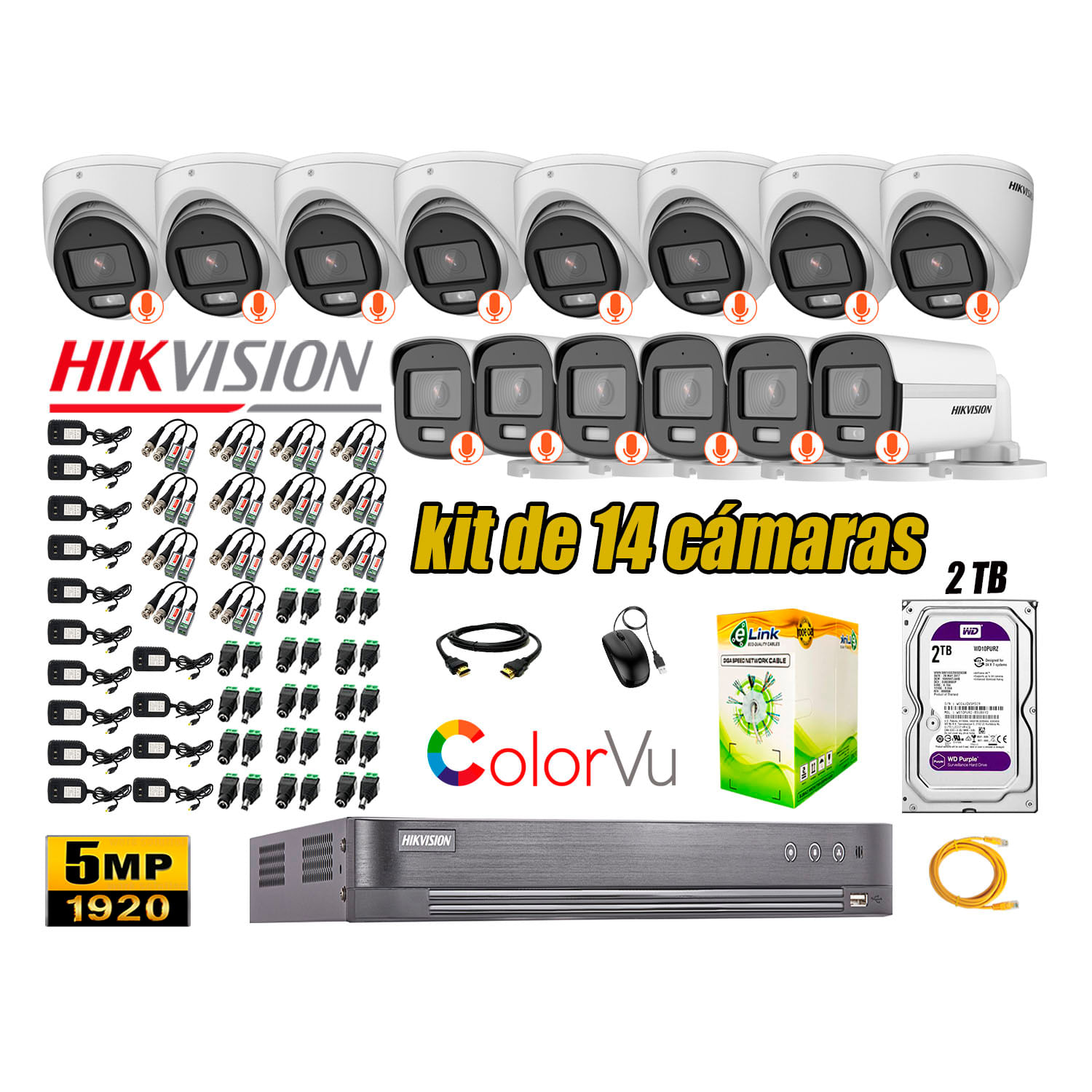 CÁMARAS SEGURIDAD HIKVISION KIT 14 5MP DISCO 2TB COLORVU VISION COLOR