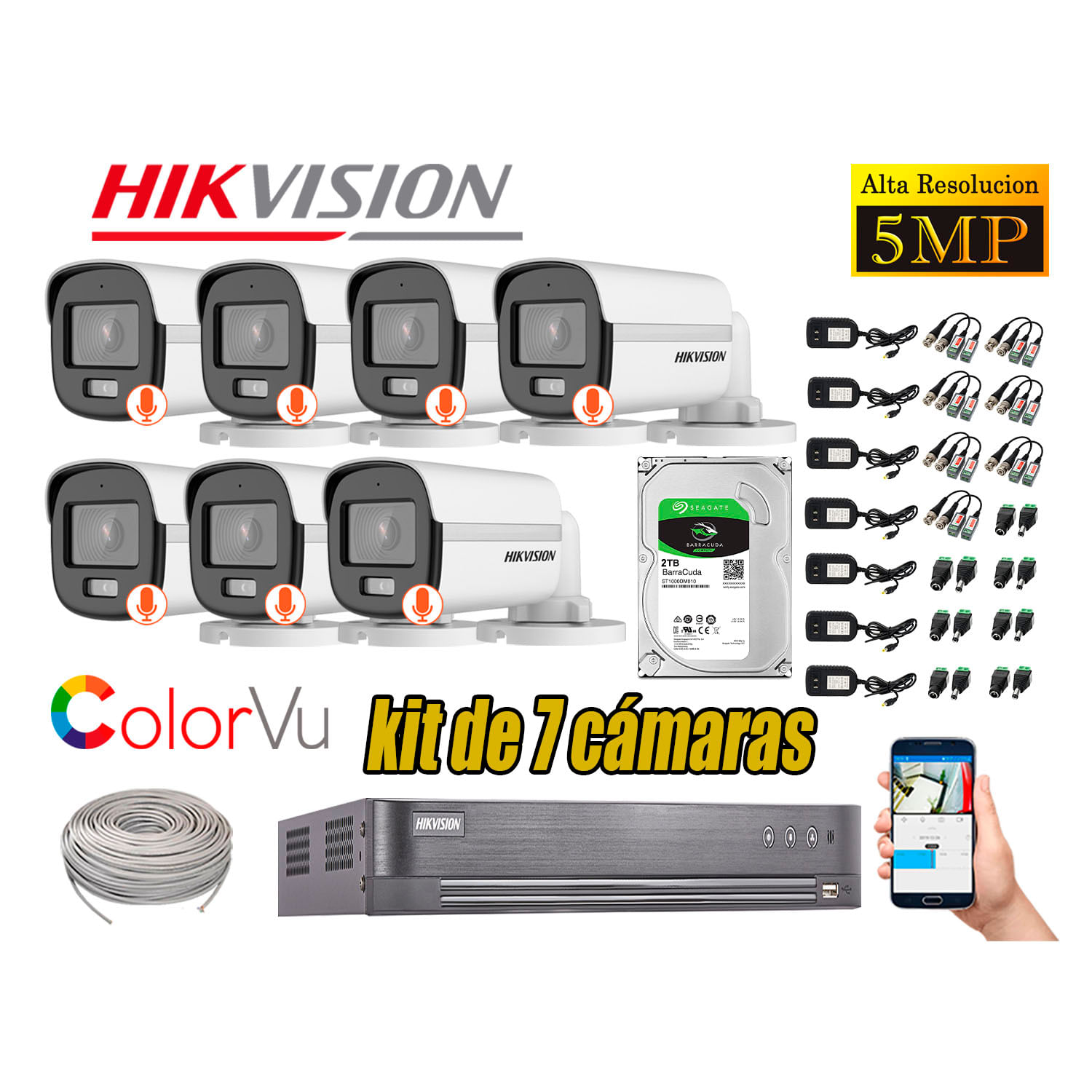 CÁMARAS SEGURIDAD EXTERIOR KIT 7 HIKVISION 5MP + DISCO 2TB COLORVU