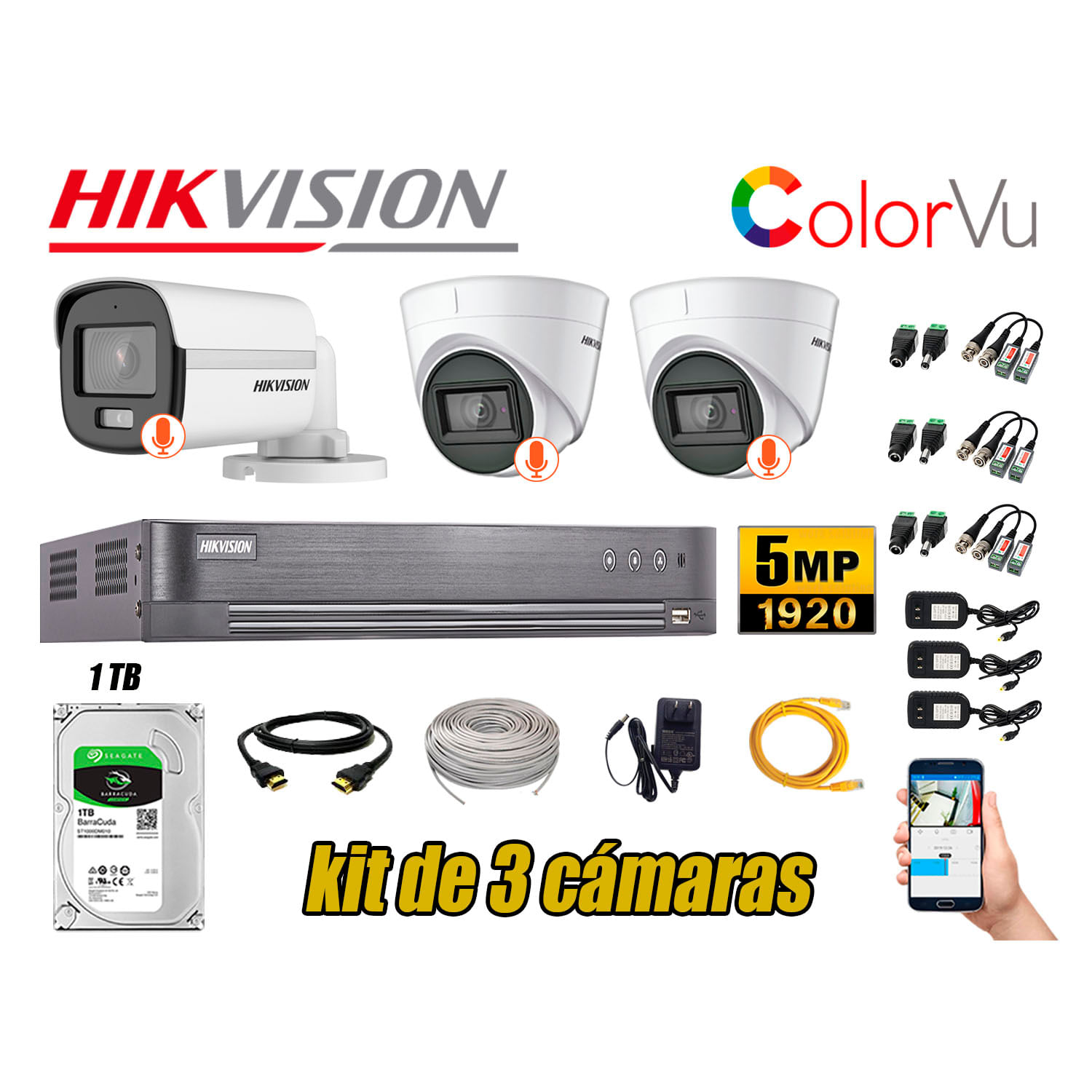 CÁMARAS SEGURIDAD KIT 3 HIKVISION 5MP DISCO 1TB 1 COLORVU VISION COLOR