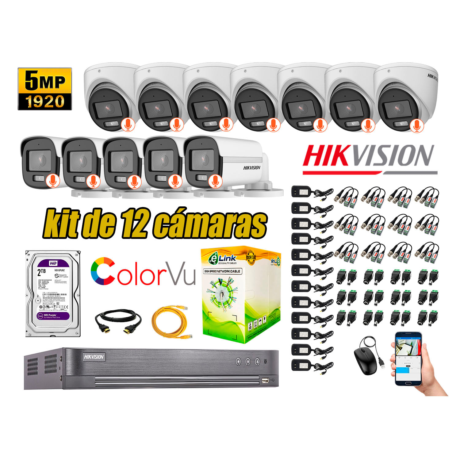 CÁMARAS SEGURIDAD HIKVISION KIT 12 5MP DISCO 2TB COLORVU VISION COLOR