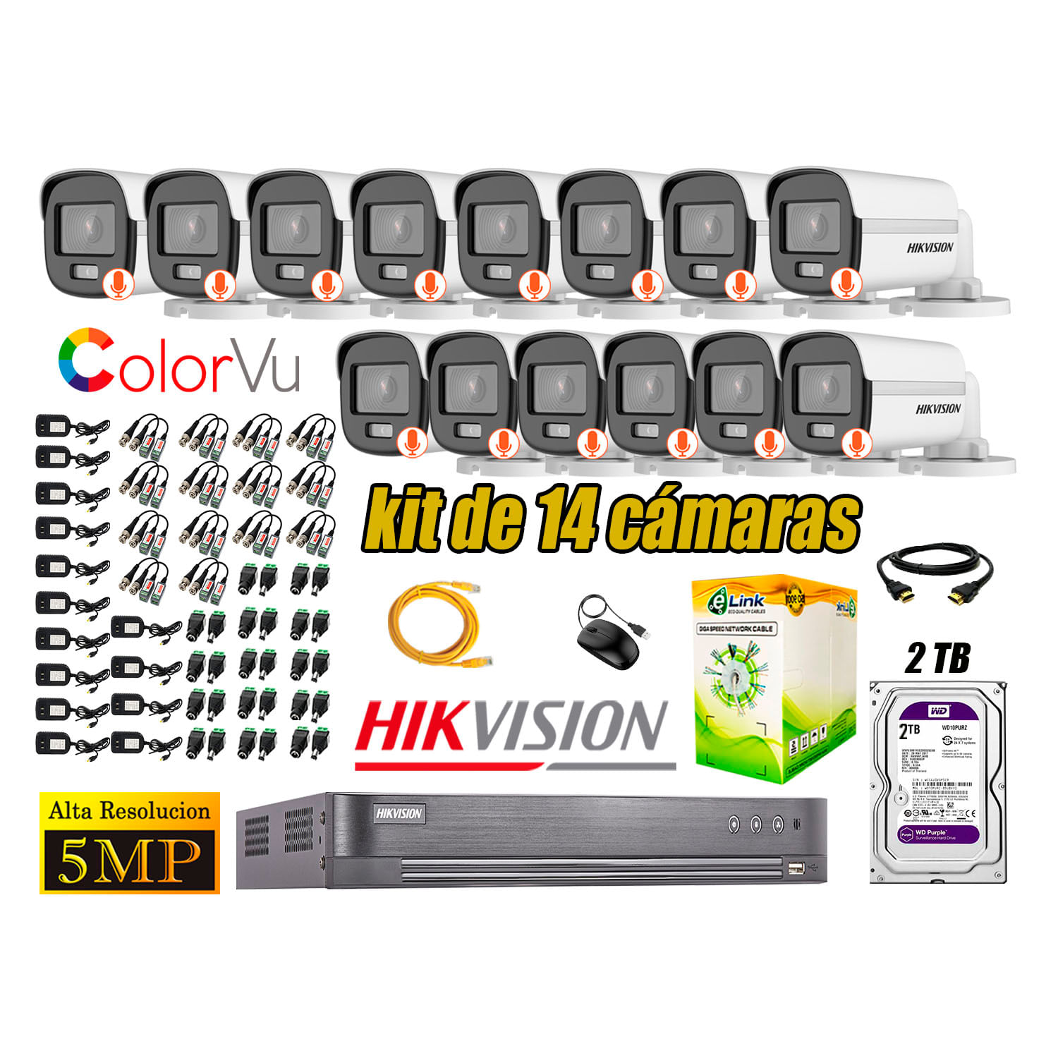 CÁMARAS SEGURIDAD EXTERIOR KIT 14 HIKVISION 5MP + DISCO 2TB COLORVU