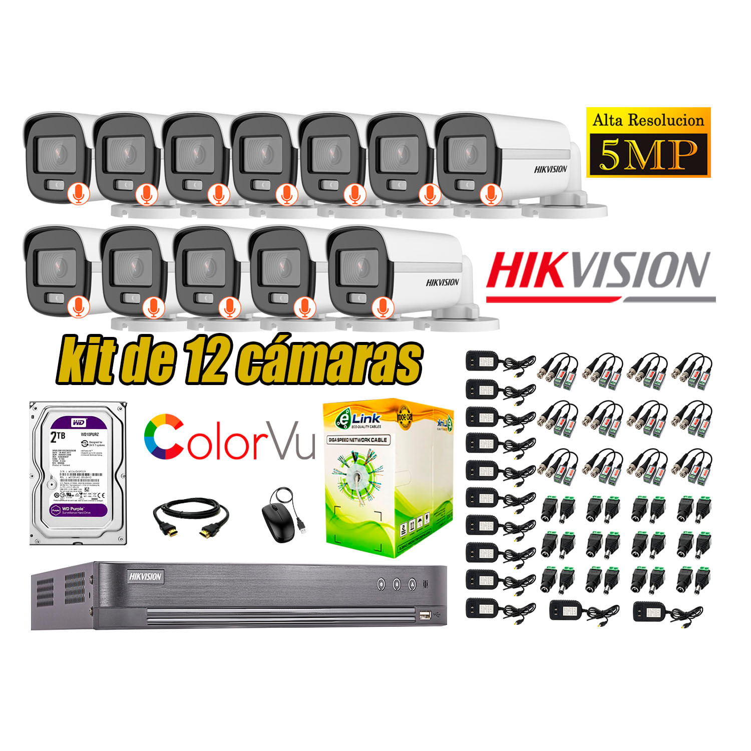 CÁMARAS SEGURIDAD EXTERIOR KIT 12 HIKVISION 5MP + DISCO 2TB COLORVU