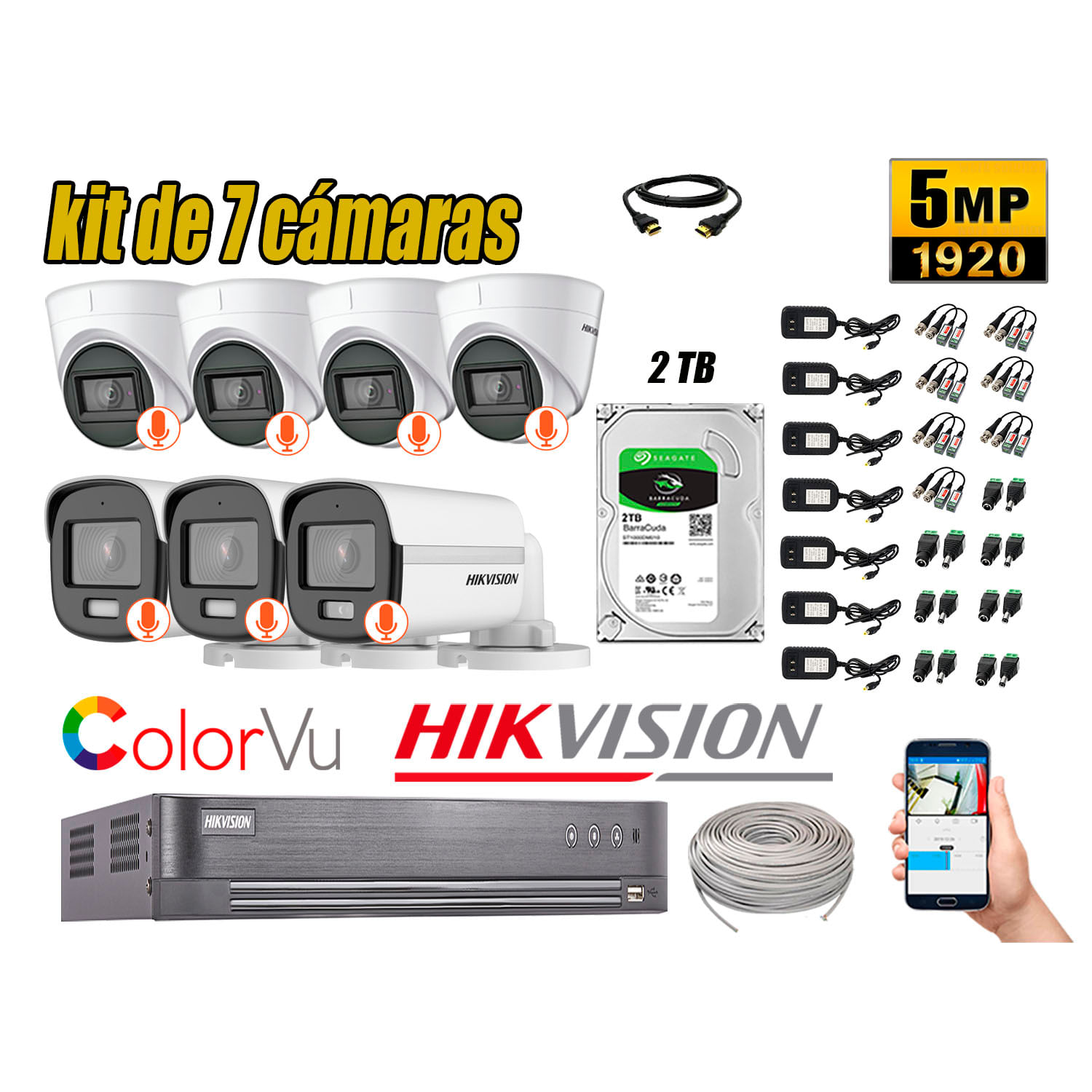 CÁMARAS SEGURIDAD KIT 7 HIKVISION 5MP + DISCO 2TB 3 COLORVU VISION COLOR