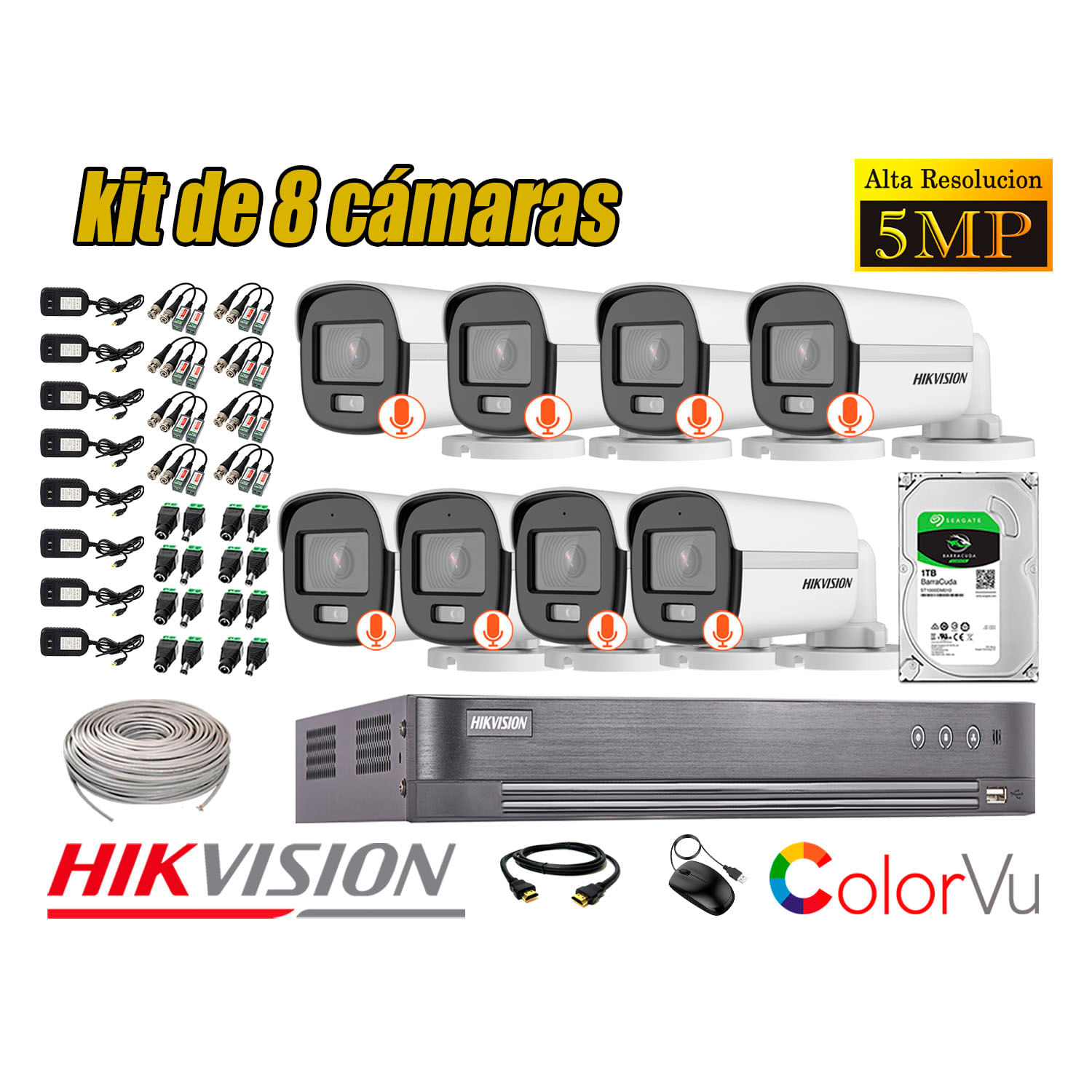 CÁMARAS SEGURIDAD EXTERIOR KIT 8 HIKVISION 5MP + DISCO 1TB COLORVU