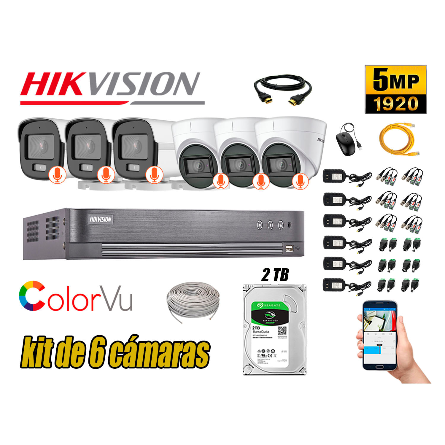 CÁMARAS SEGURIDAD KIT 6 HIKVISION 5MP + DISCO 2TB 3 COLORVU VISION COLOR