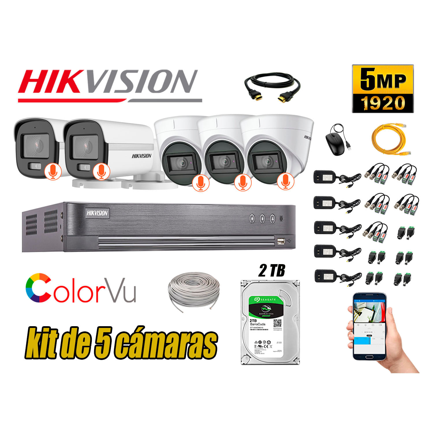 CÁMARAS SEGURIDAD KIT 5 HIKVISION 5MP + DISCO 2TB 2 COLORVU VISION COLOR
