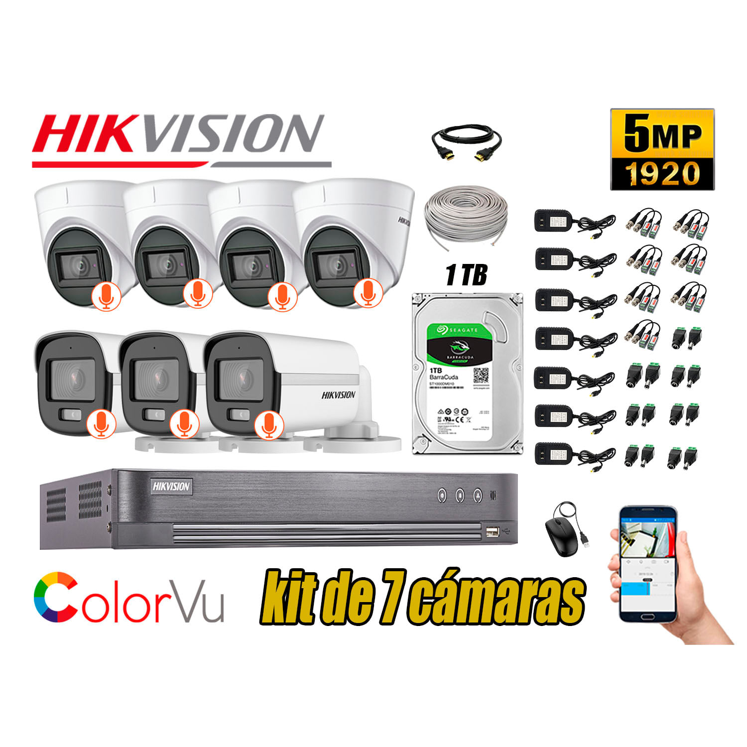 CÁMARAS SEGURIDAD KIT 7 HIKVISION 5MP + DISCO 1TB 3 COLORVU VISION COLOR