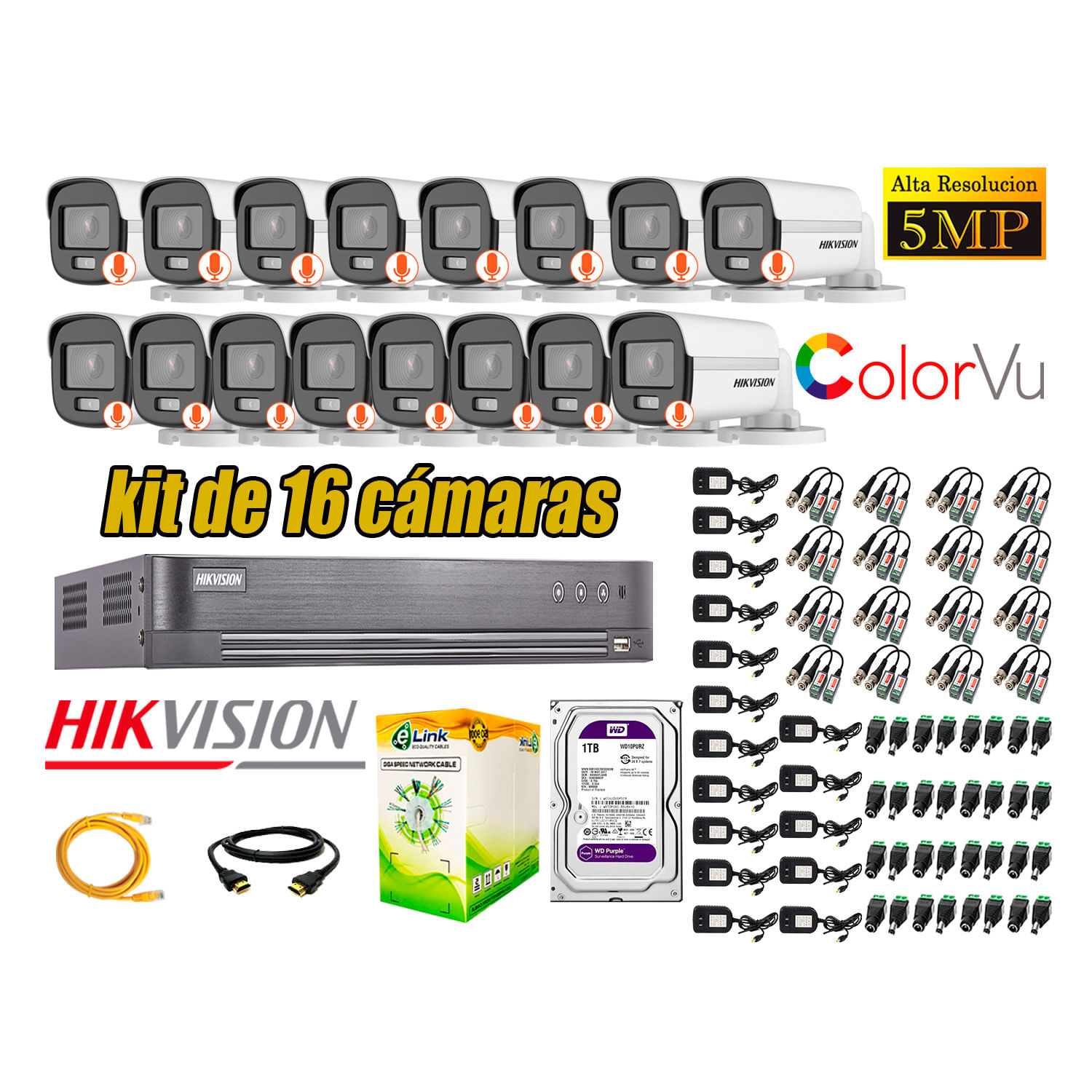 CÁMARAS SEGURIDAD EXTERIOR KIT 16 HIKVISION 5MP + DISCO 1TB COLORVU