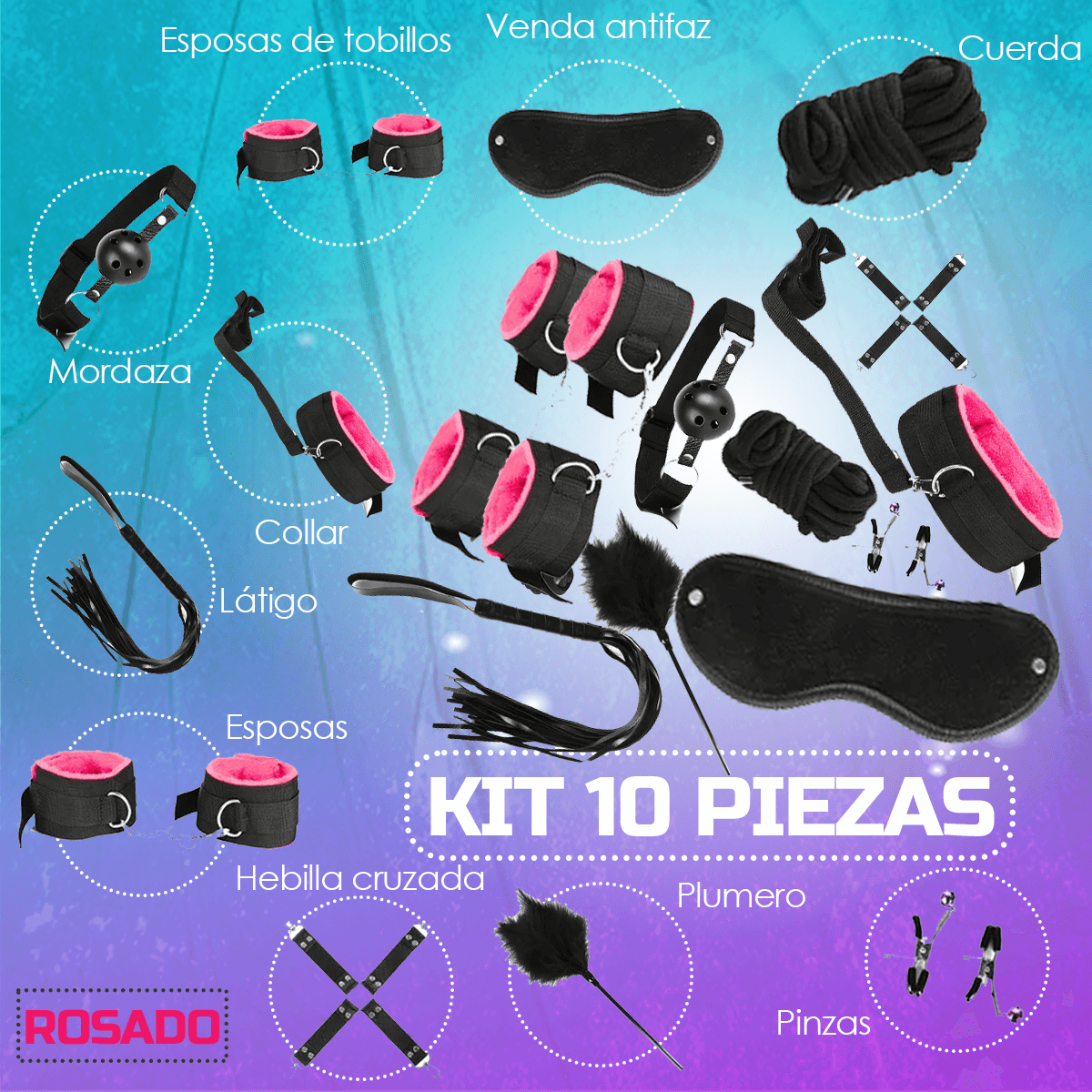 Kit Sado Bondage Bdsm Para Parejas - 10 Piezas Sexuales - Rosa