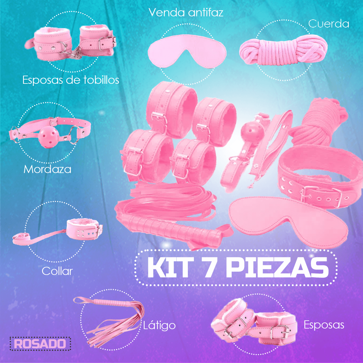 Kit Sado Bondage Bdsm Para Parejas - 7 Piezas Sexuales - Rosa
