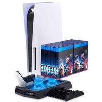 Base 4 en 1 para PS5, Ventilador, Cargador de Mandos, Portajuegos