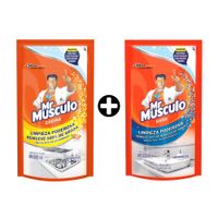 COMBO MR Musculo: Limpiador líquido para baño Doy Pack 500 ml + Saca grasa Naranja Doy Pack 500 ml