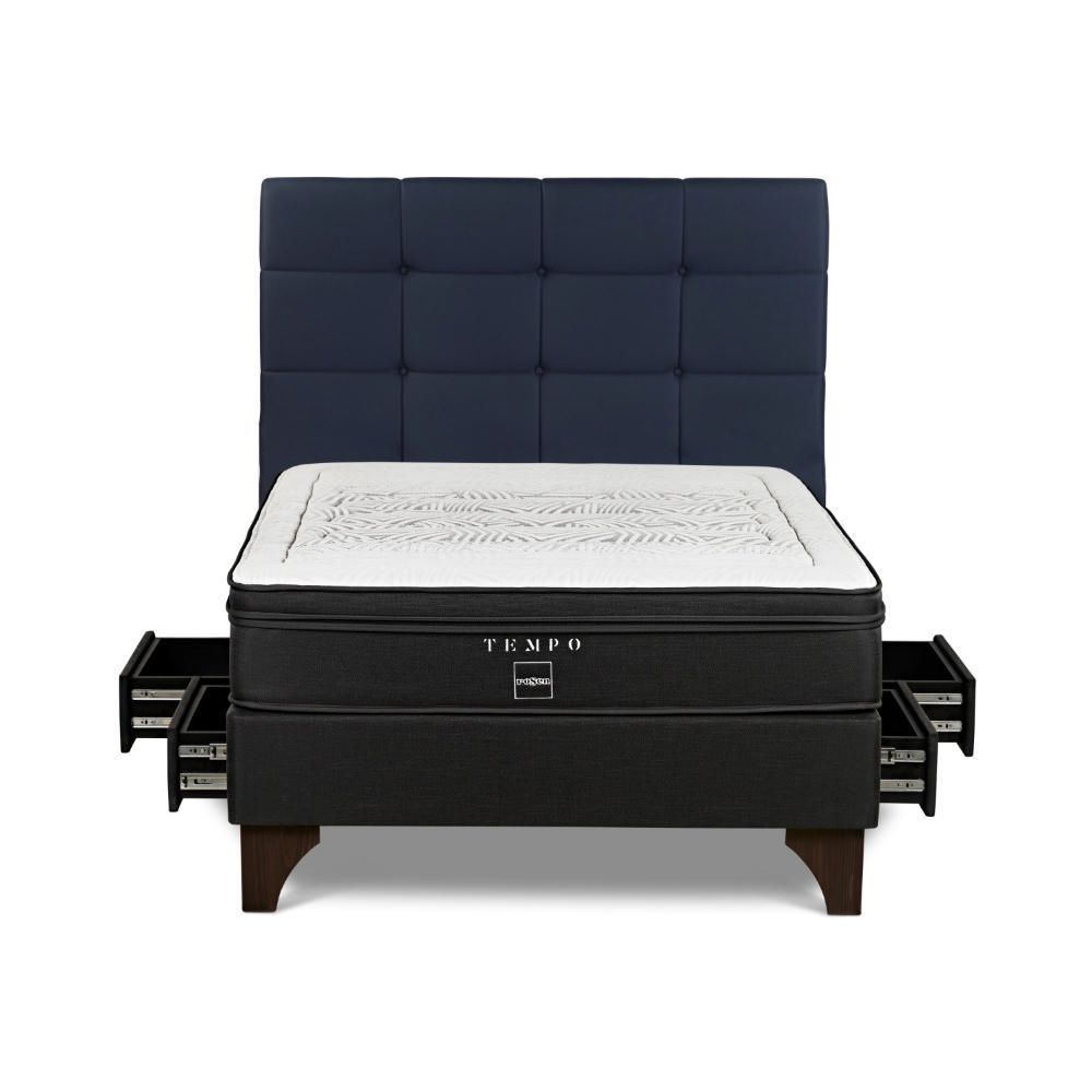 Dormitorio Europeo con Cajones Tempo 2 Plazas + Respaldo Issey Azul