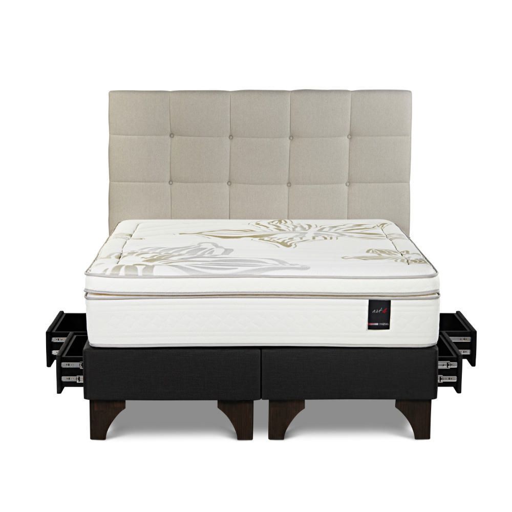 Dormitorio Europeo con Cajones Art 4 King + Respaldo Issey Niebla