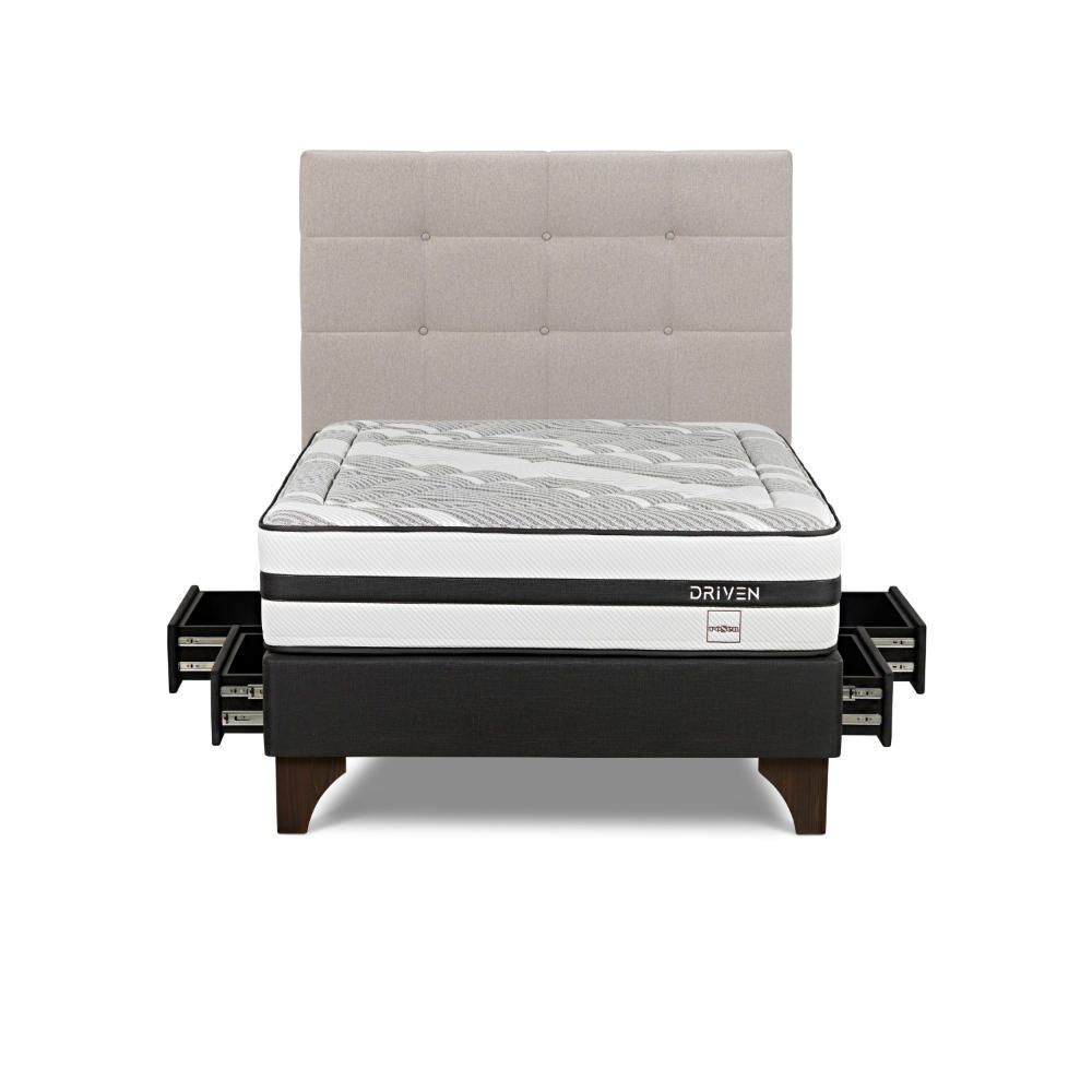 Dormitorio Europeo con Cajones Driven 2 Plazas + Respaldo Issey Niebla