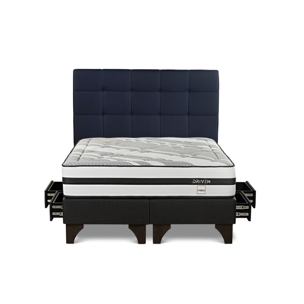 Dormitorio Europeo con Cajones Driven Queen + Respaldo Issey Azul
