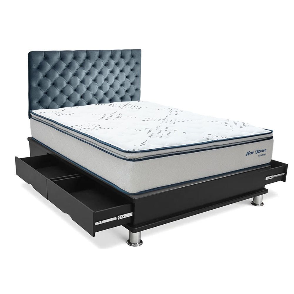 Dormitorio Capitone New Ozono Queen + Almohadas + Protector Gris