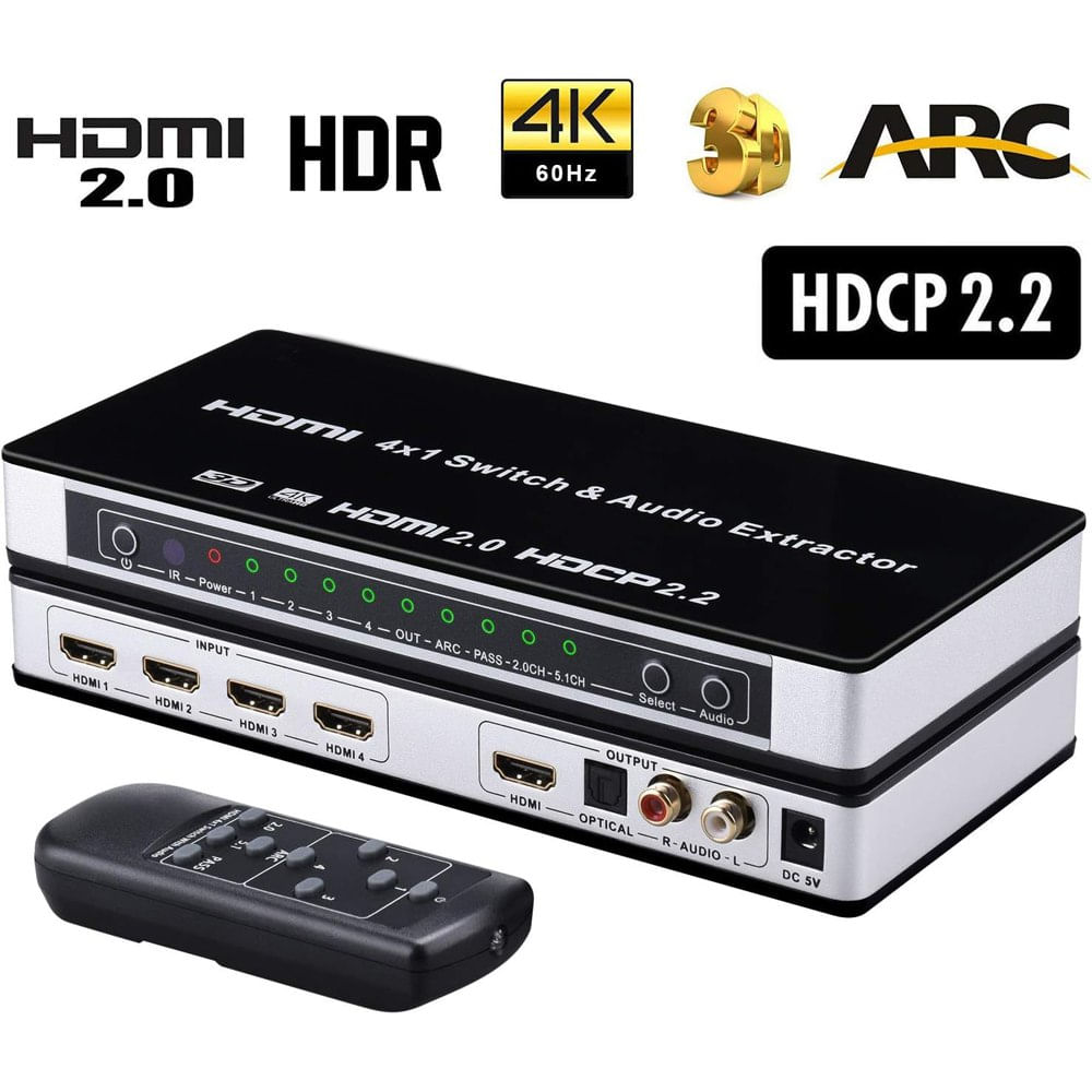Switch HDMI 2.0 4 x 1 extractor de Audio con control remoto HDCP 2.2