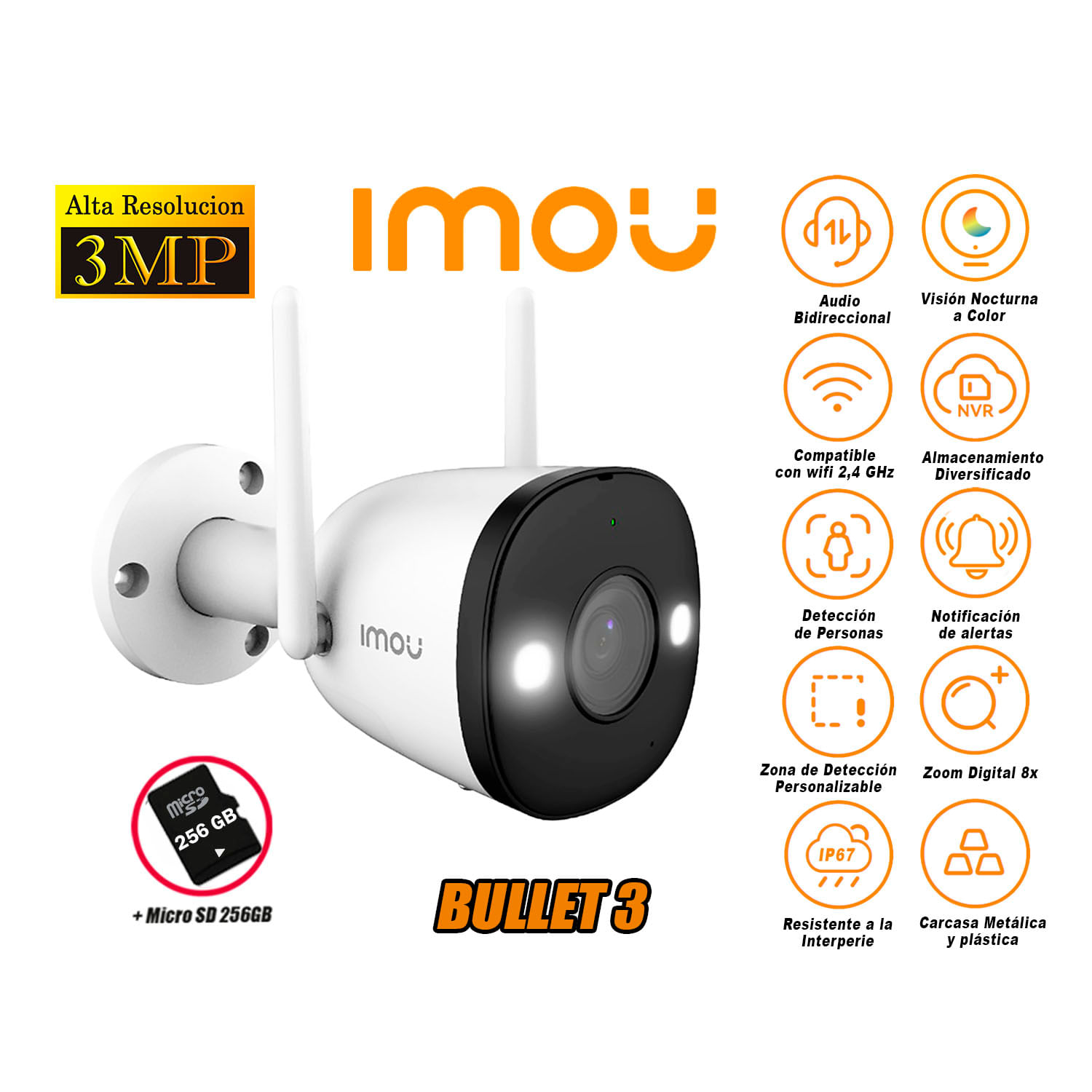 Cámara Seguridad Wi-Fi BULLET 3 2K 3MP Exterior Noche Color + 256GB