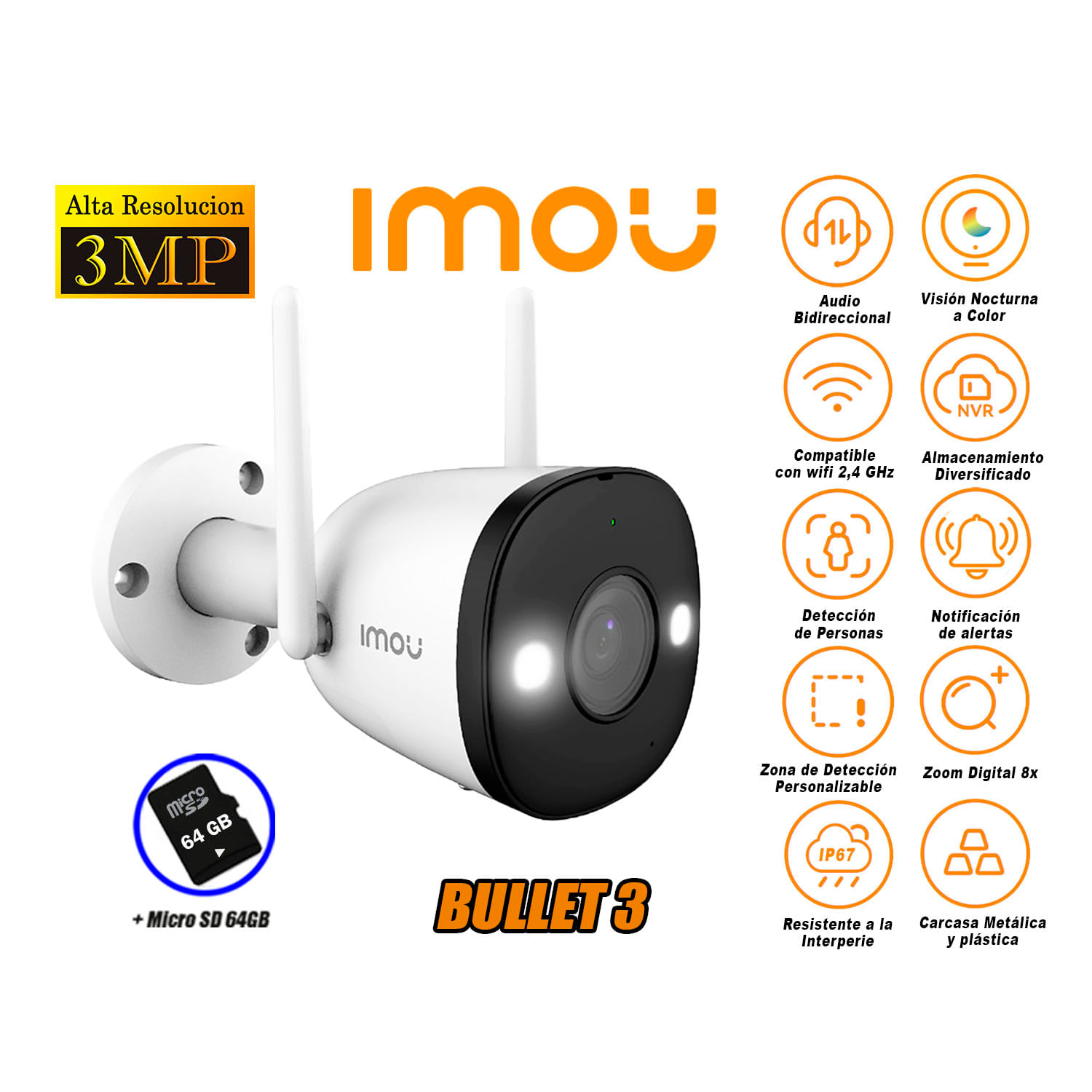 Cámara Seguridad Wi-Fi BULLET 3 2K 3MP Exterior Noche Color + 64GB