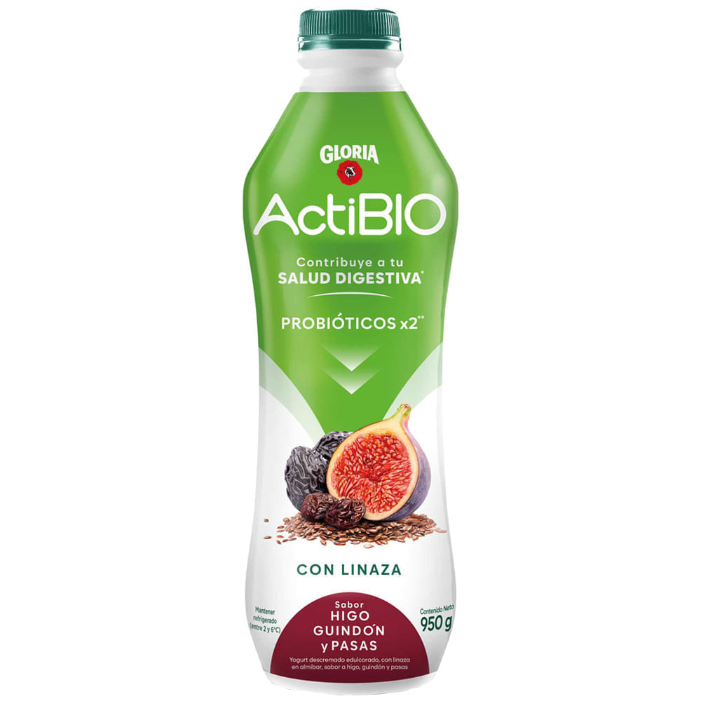 Yogurt GLORIA ActiBio con Linaza Sabor a Higo, Guindón y Pasas Botella 950g