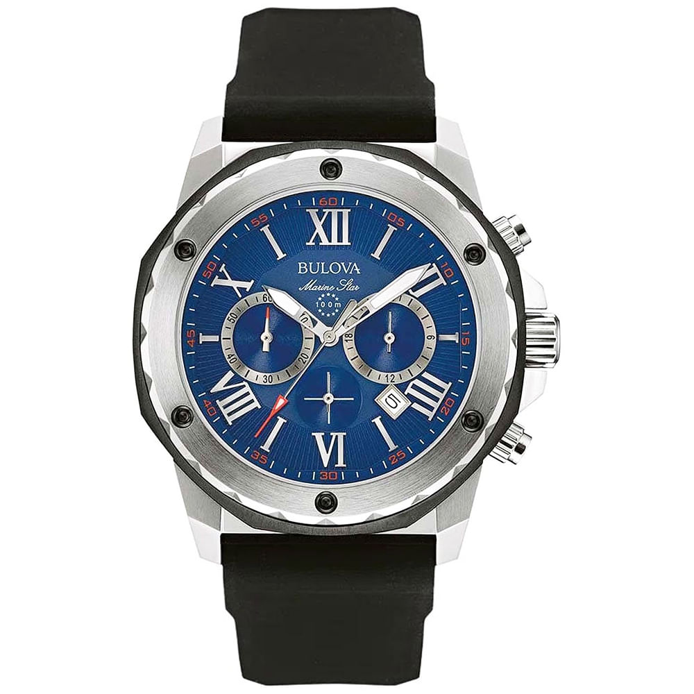 Reloj Bulova Marine Star 98B258 Fecha Cronometro Correa De Silicona Negro Dial Azul