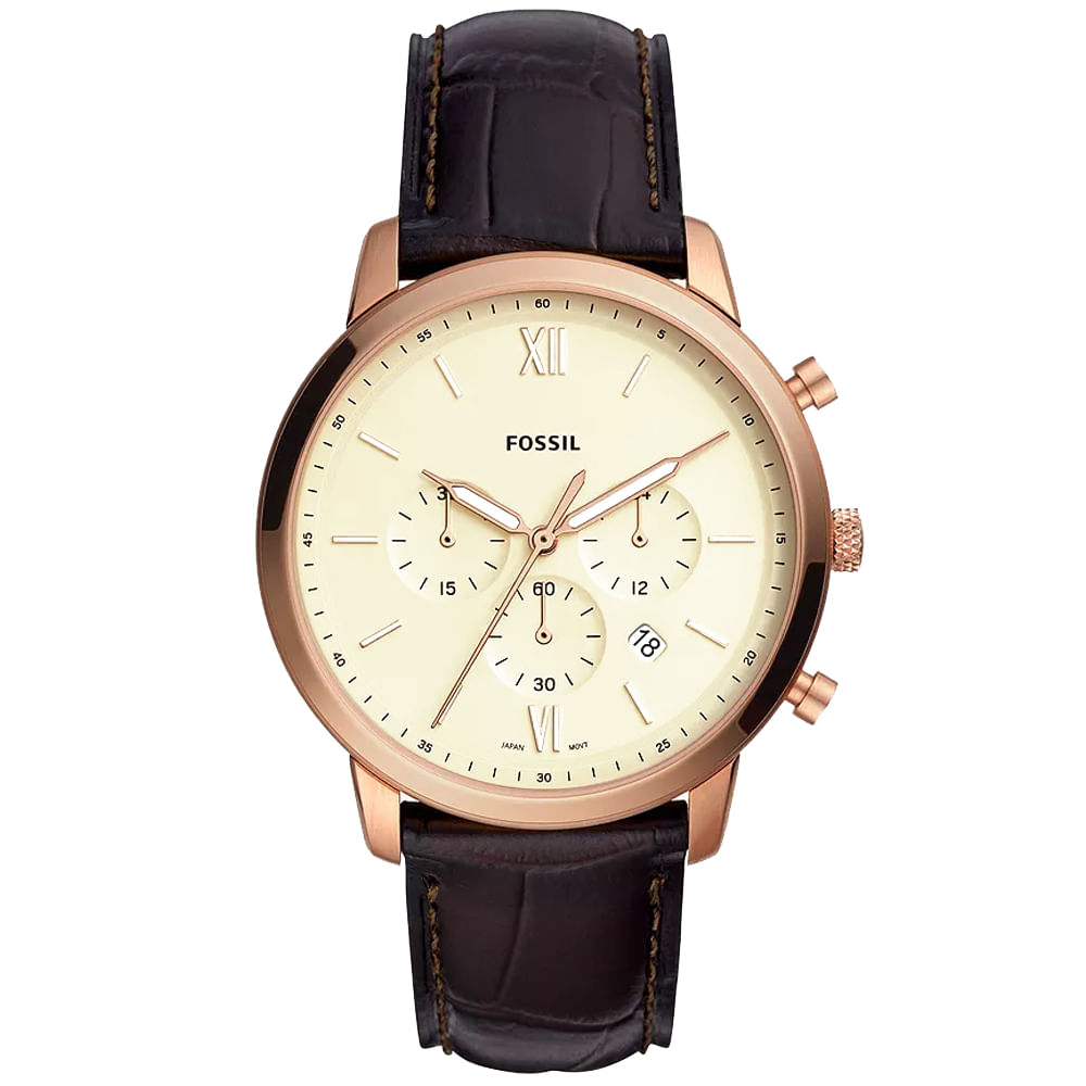 Reloj Fossil Neutra FS5558 Fecha Cronometro Acero Inoxidable Oro Rosado Dial Marfil