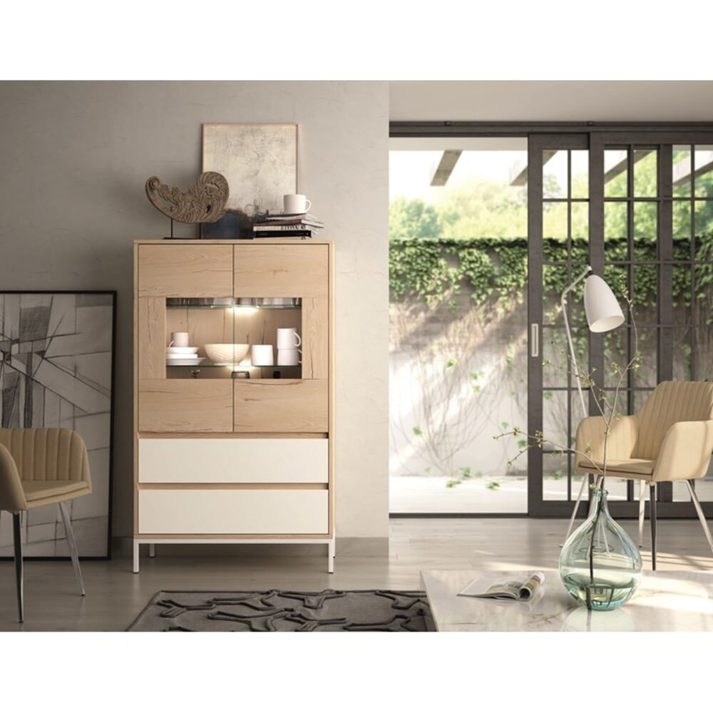 Vitrina 2 puertas Lucio color Duna/Blanco 2 cajones TU MESITA