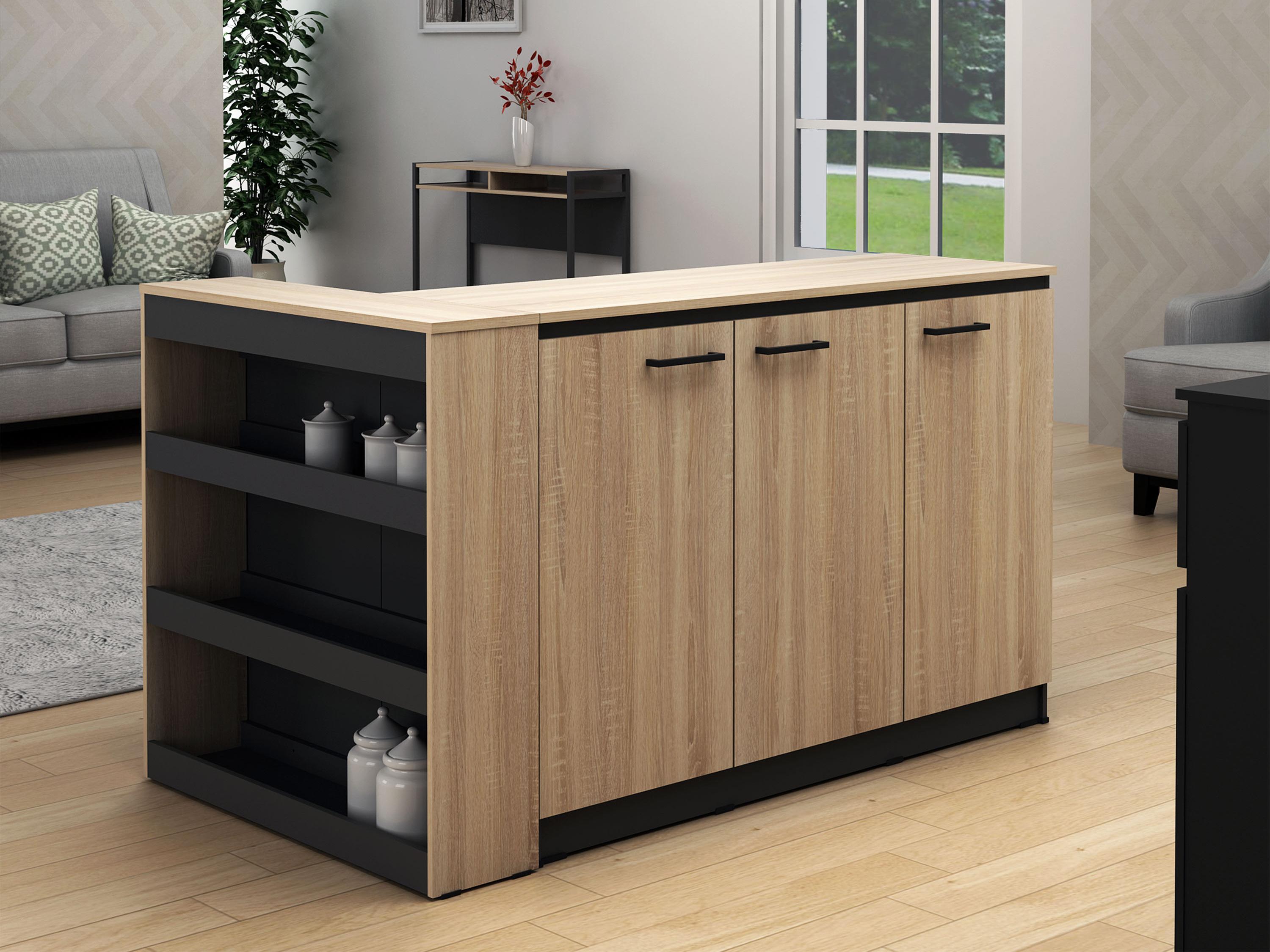 Isla Central de Cocina Apolonia + 2 banquetas color Roble/Negro TU MESITA 3 puertas
