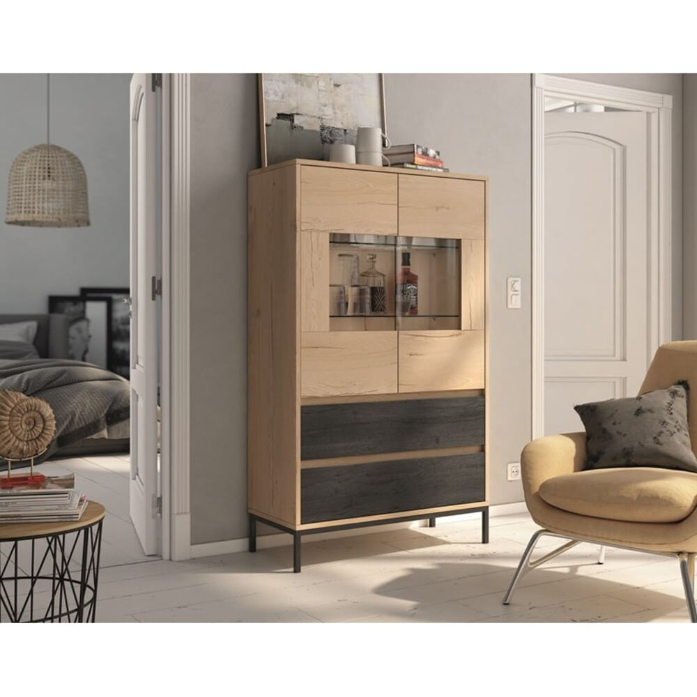 Vitrina 2 puertas Lucio color Duna/Negro 2 cajones TU MESITA