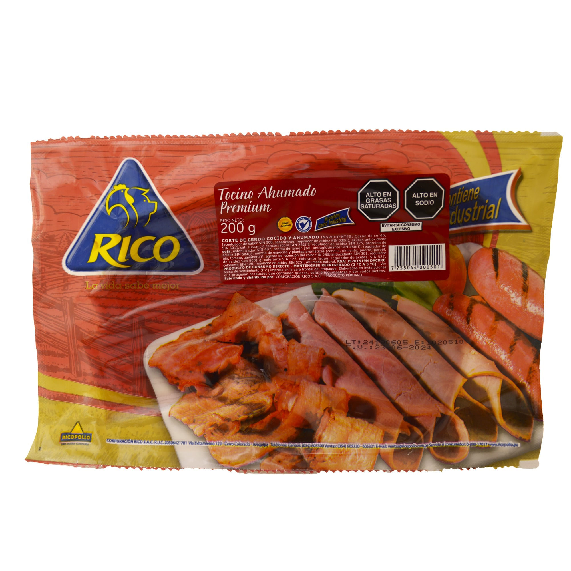 Tocino Ahumado Premium RICO POLLO Paquete 200g