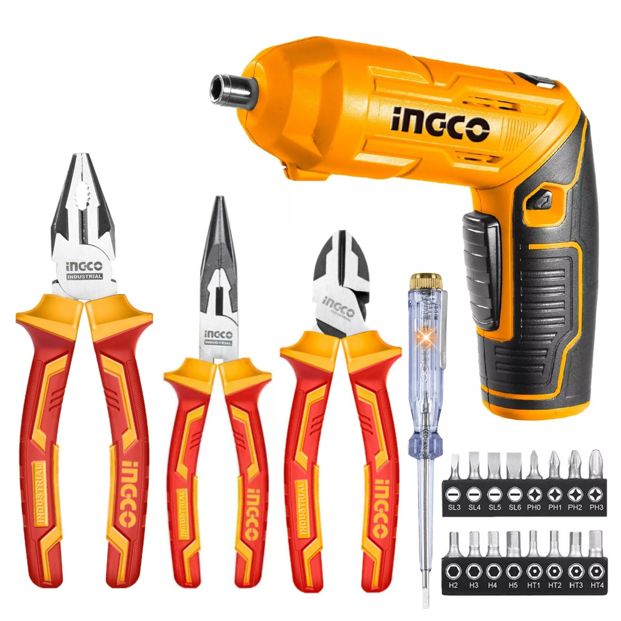 KIT ALICATES DIELECTRICOS 1000V DESTORNILLADOR INALAMBRICO INGCO
