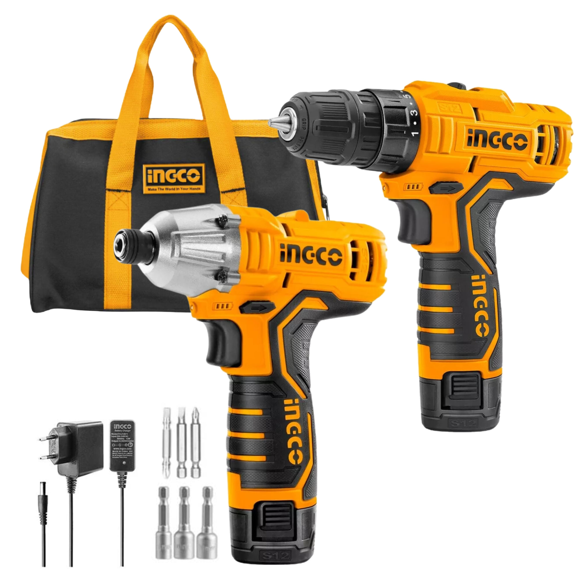 Kit Atornillador de impacto + Taladro inalambrico 12v Ingco