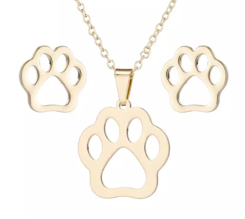 Set collar y aretes huellita de perro dorado
