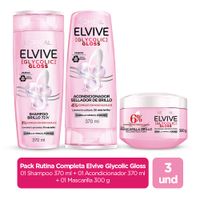 Pack ELVIVE Crema de Tratamiento Glycolic 300g + Acondicionador Glycolic Gloss 370ml + Shampoo Glycolic Gloss 370ml