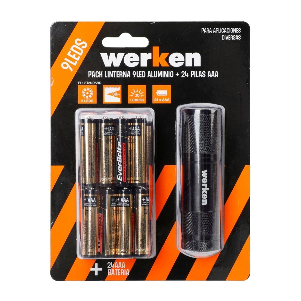 Linterna 9 LED Aluminio + 24 Pilas AAA Werken
