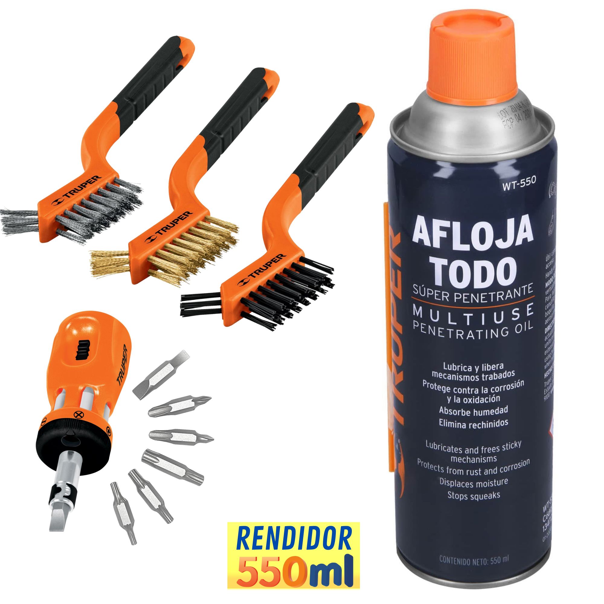 Aceite Afloja Todo 550 Ml, 3 mini cepillos de alambre, desarmador multiuso 12 puntas