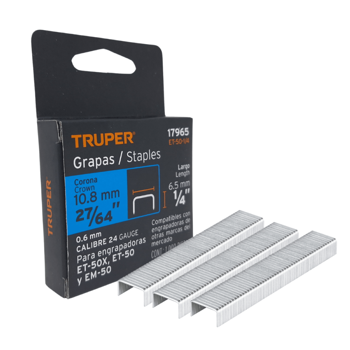 Caja con 1000 grapas 27/64"" 10.8 mm para ET-50-1/4 (Pack x2 und), Truper