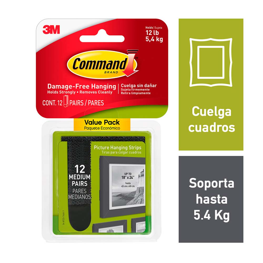 Tira Adhesiva 3M Command Sujetador de Cuadros 7x2cm, Soporta 5.4kg, 12 pares