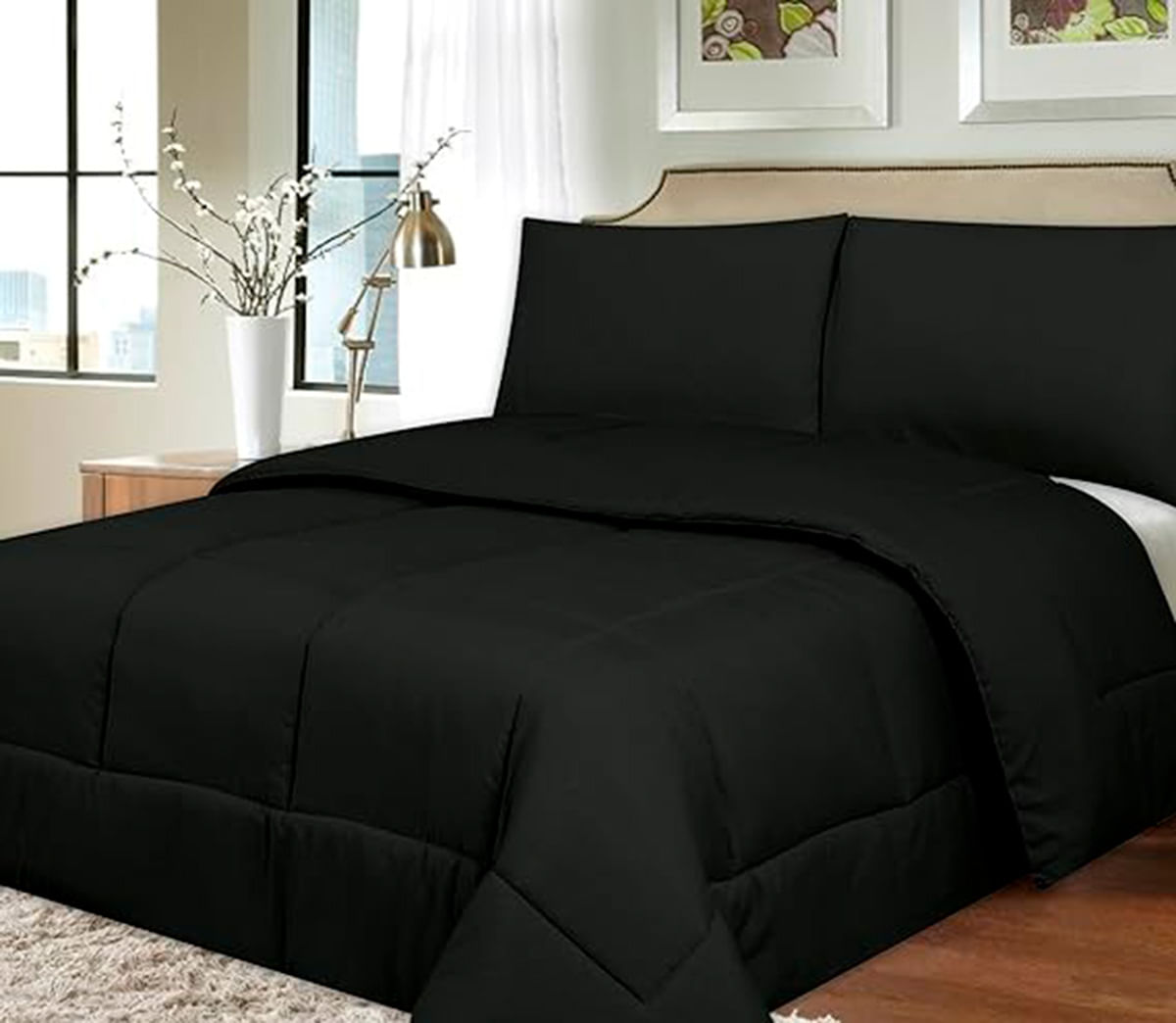 INTERIOTEX CUBRECAMA DE VERANO 144 HILOS BRAMANTE 50% ALGODÓN DISEÑO CUADROS NEGRO PLAZA Y MEDIA