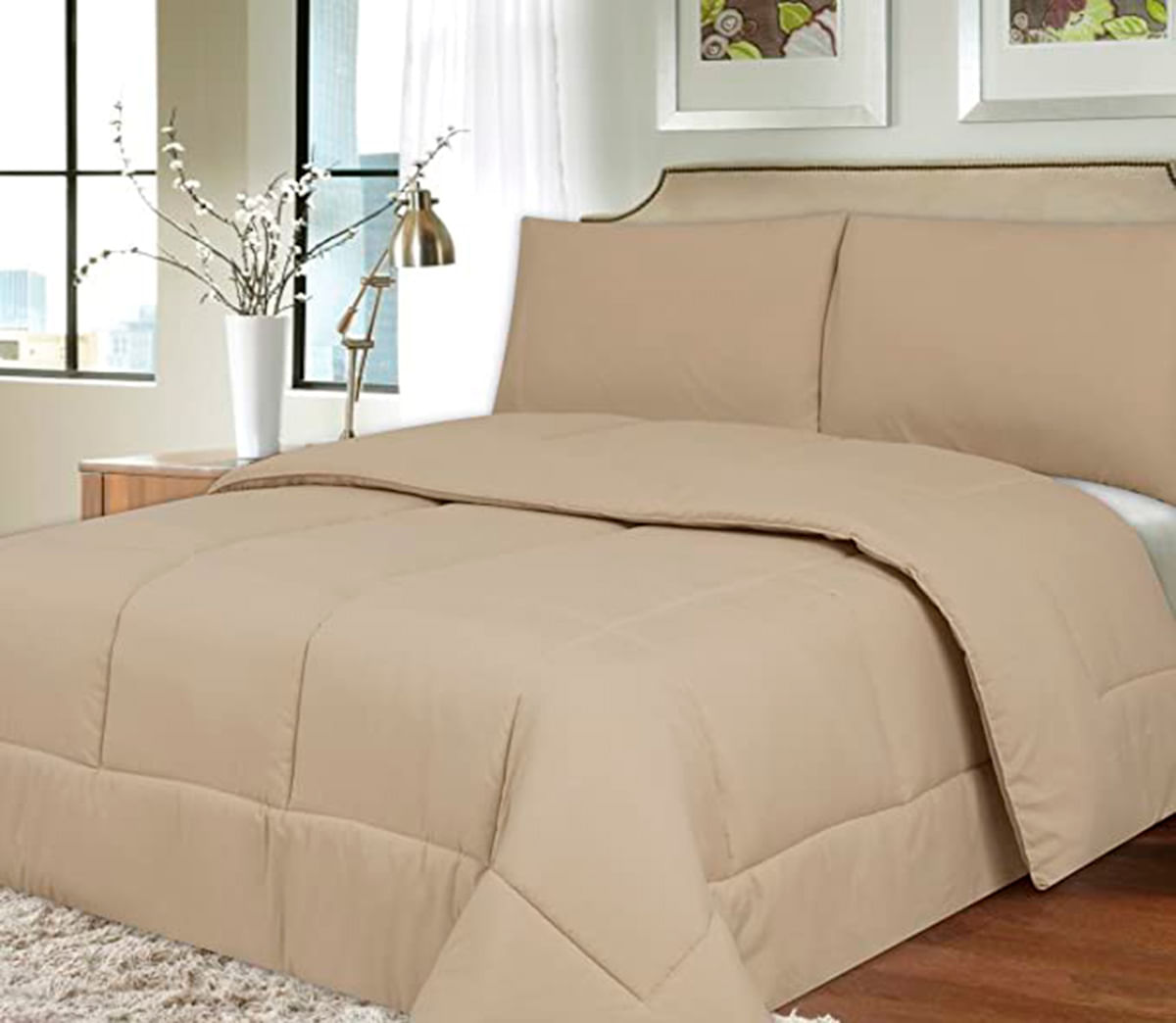 INTERIOTEX CUBRECAMA DE VERANO 144 HILOS BRAMANTE 50% ALGODÓN DISEÑO CUADROS BEIGE QUEEN