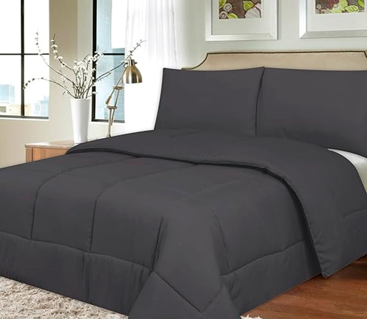 INTERIOTEX CUBRECAMA DE VERANO 144 HILOS BRAMANTE 50% ALGODÓN DISEÑO CUADROS PLOMO OSCURO QUEEN