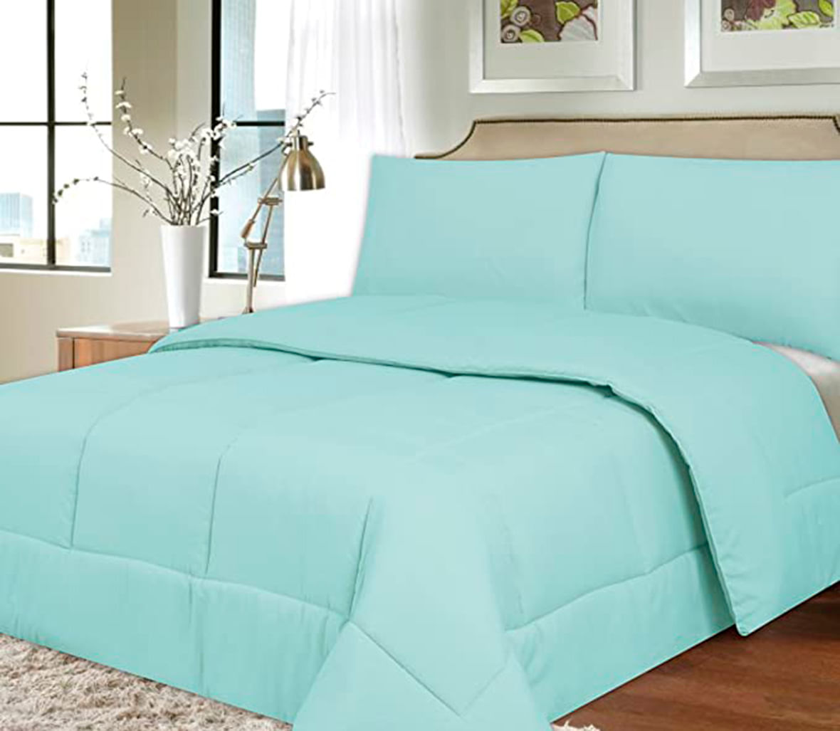 INTERIOTEX CUBRECAMA DE VERANO 144 HILOS BRAMANTE 50% ALGODÓN DISEÑO CUADROS AQUAMARINA KING