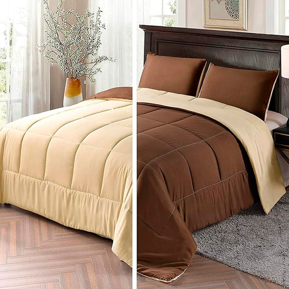 INTERIOTEX CUBRECAMA DE VERANO 144 HILOS BRAMANTE 50% ALGODÓN DISEÑO CUADROS BEIGE CON CHOCOLATE 2