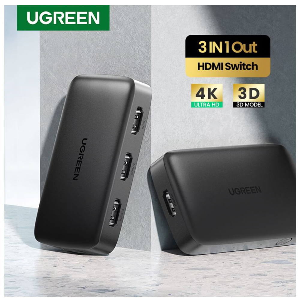 Switch HDMI 3 Puertos 4K 30Hz 3D HDR UGREEN con control HDCP 1.4