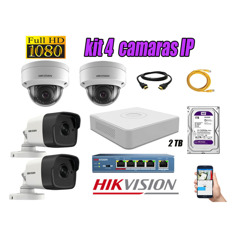 Kit 4 Cámaras de Seguridad Ip Hikvision mas Disco 2Tb Wd Púrpura