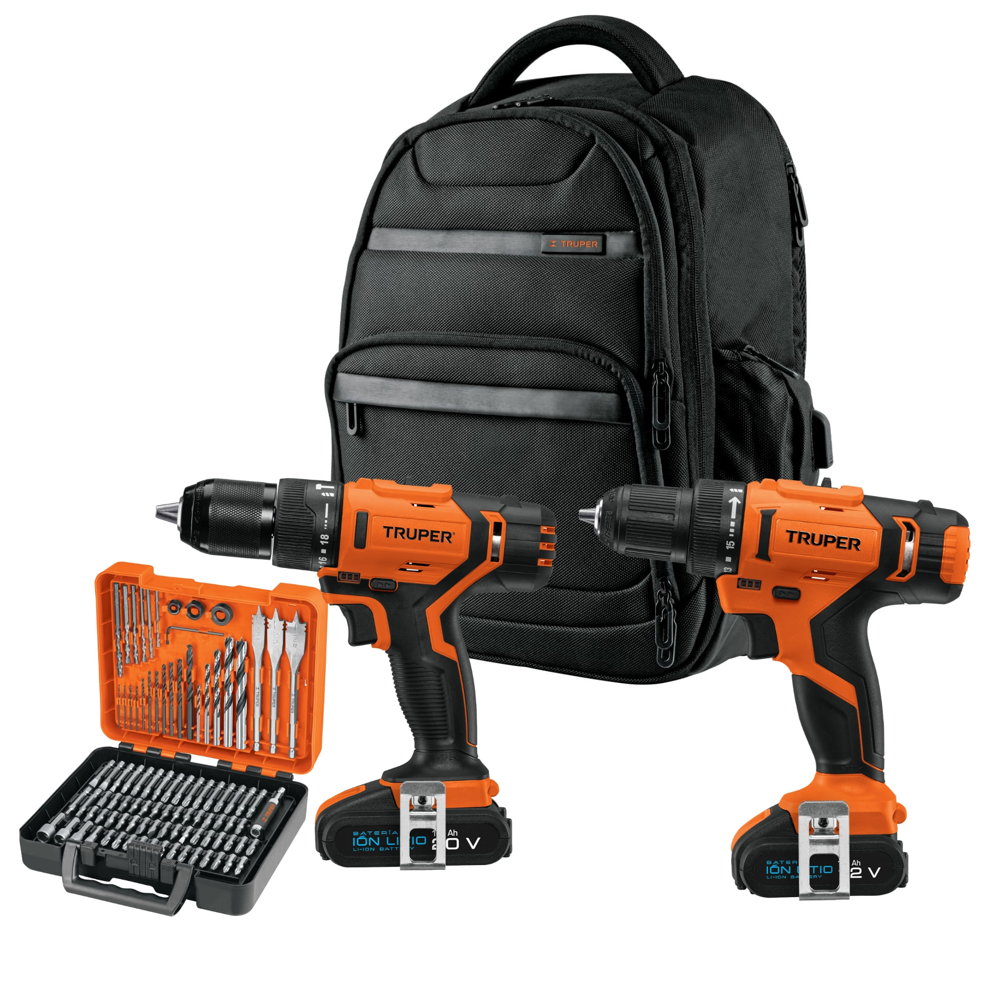 Combo taladro percutor atornillador brocas mochila truper